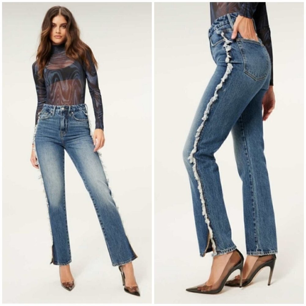 💕GOOD AMERICAN💕 Good Boy Side Frayed Straight Leg Jeans ~ Blue 818 8/29 NWT